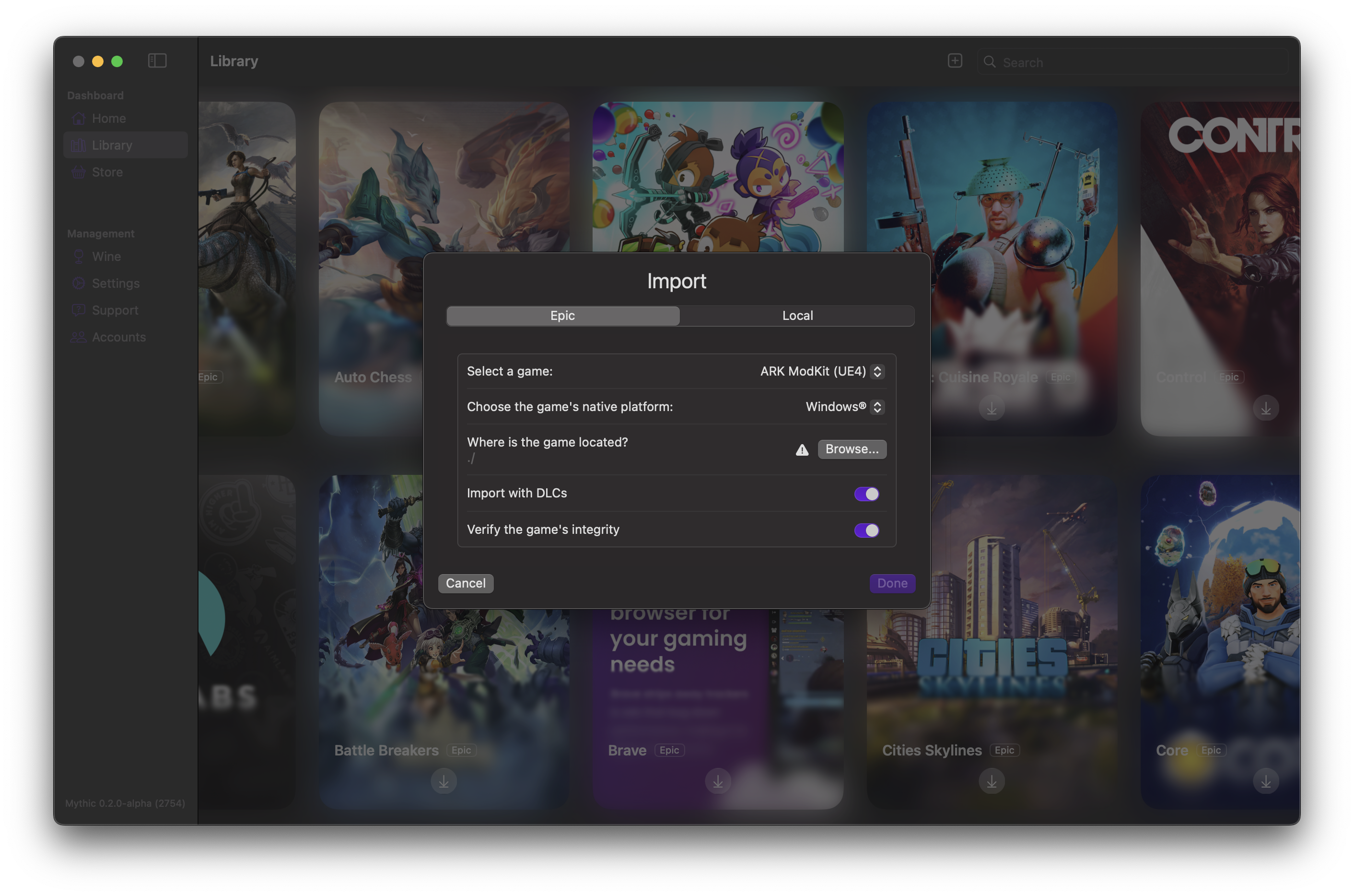 Epic Games import menu